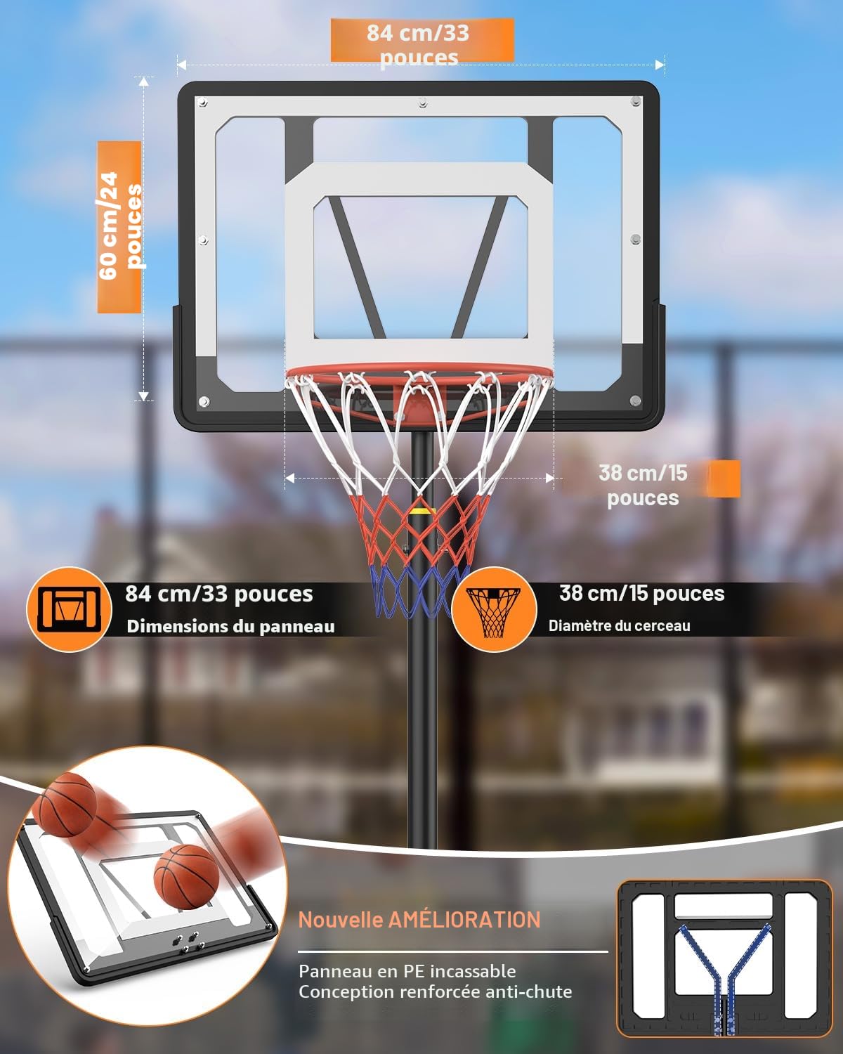 Panier de Basket Portable Intérieur/Extérieur- Réglable (1.5m-2.1m) avec Panneau Incassable 84cm - Roues de Transport - pour Enfants/Ados/Jeunes - Polycarbonate Renforcé