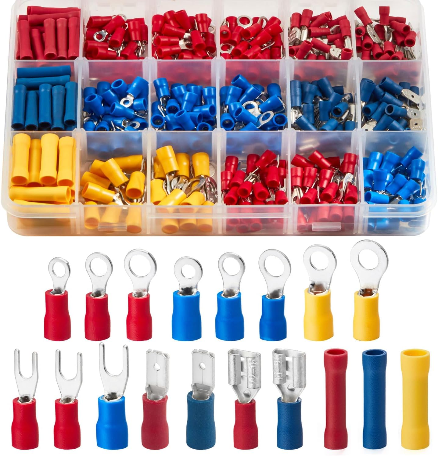 Chanzon 200pcs Insulated Crimp Wire Connector Terminal Assortment Contains Butt Splice, Male & Female Spade, Fork, Ring Quick Disconnect Solderless Assorted Kit Electrical Crimping Tools