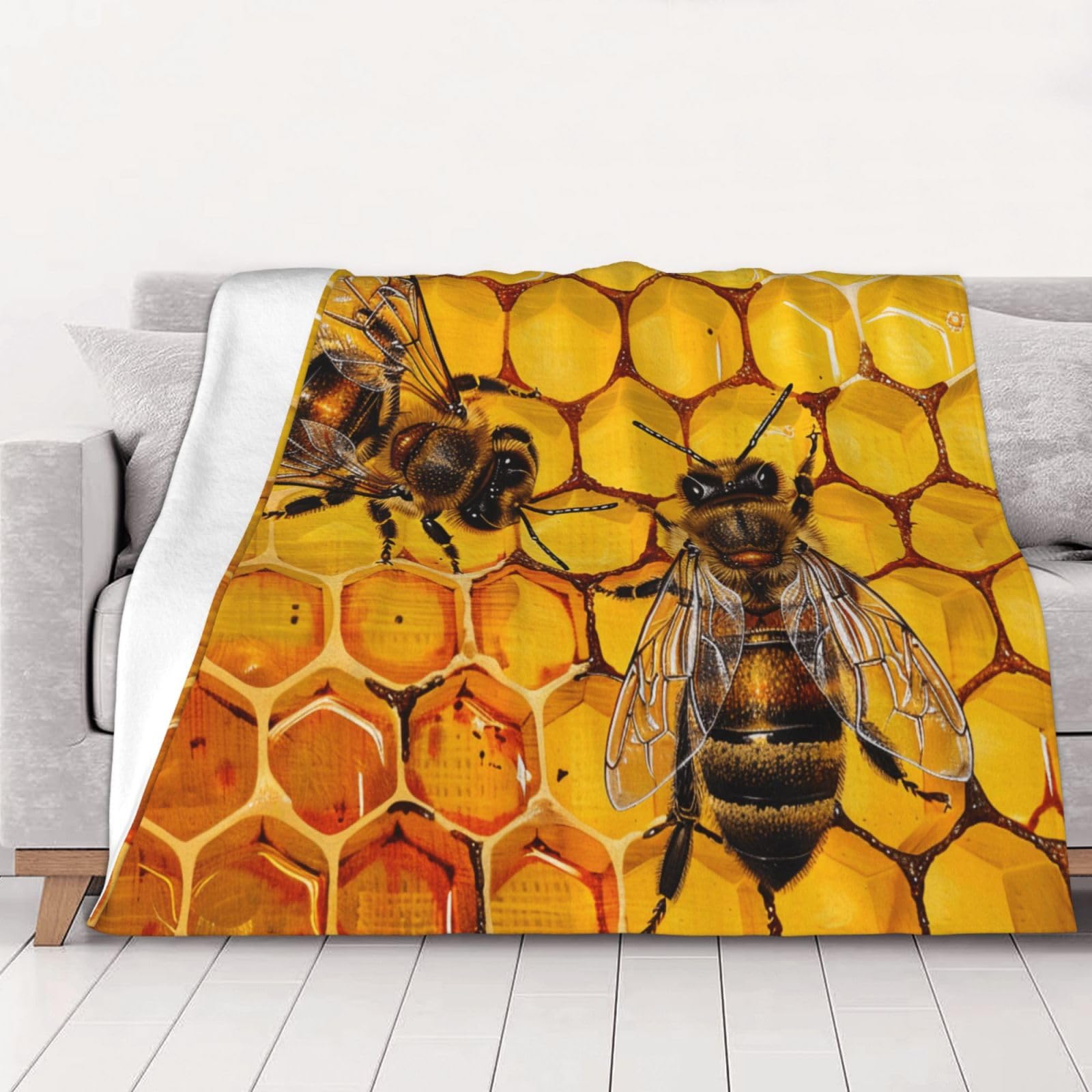 AUBKFELD Bee On Honeycomb Printed Flannel Blanket 200x150 CM, Soft & Warm Throw Blanket for Sofa/Couch/Bed/Car, Gifts for Audlts Women Men