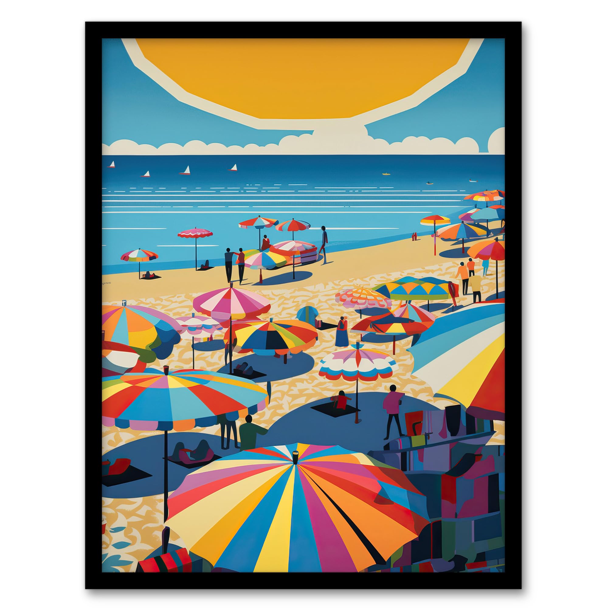 Artery8 The Midday Sun Saint-Tropez By Goeff Turner Giant Sunrise Sun Kissed Shores Playful Beachside Artwork Seaside Bathroom Artwork Framed Wall Art Print A4