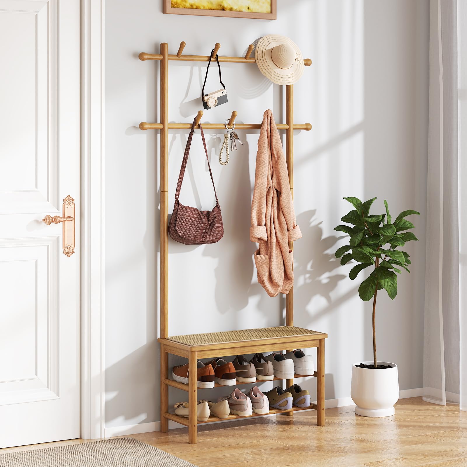 Porte-Manteau en Bambou avec Banc GIANTEX et Rangement Chaussures pour Entrée