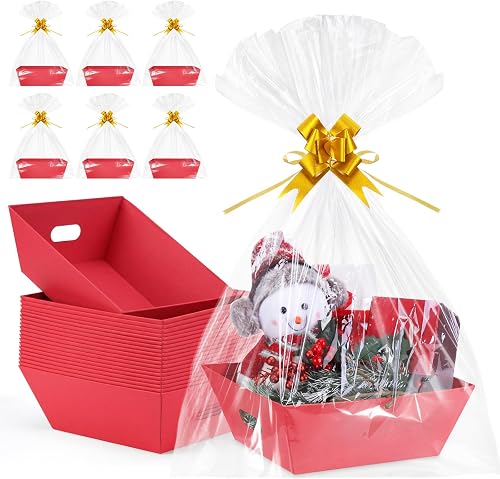 20 Pack Red Empty Gift Baskets for Filling, 10x8x3.5” Sturdy Red Kraft Paper Hampers with 20 Clear Bags and 20 Gold Bows, Bulk DIY Gift Basket Kit for Christmas, Valentine's Day, Wedding, Party