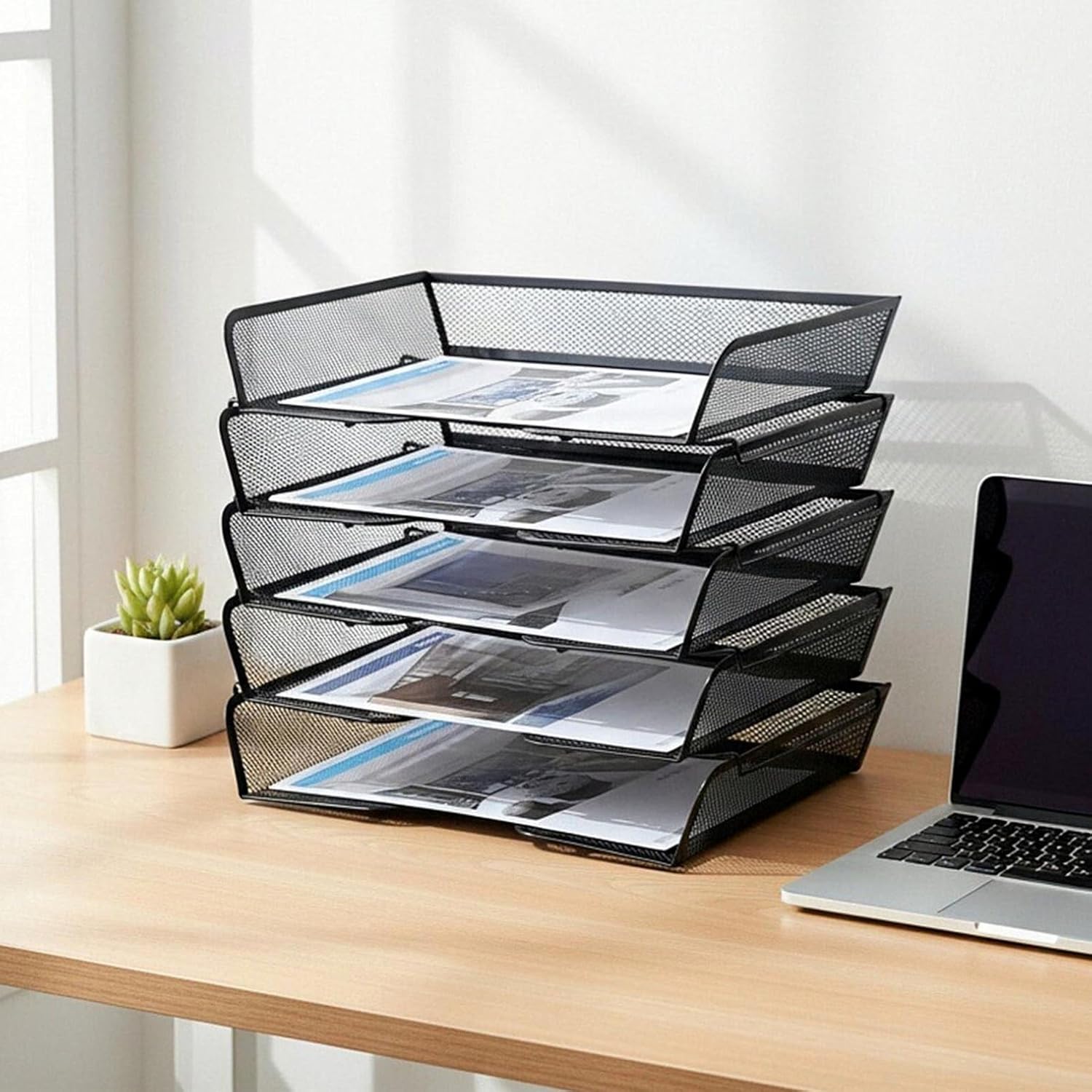 5 Tier Metal Mesh Desk Organizer-Stackable Letter Trays for Office Supplies,Black File Storage System with Reinforced Edges