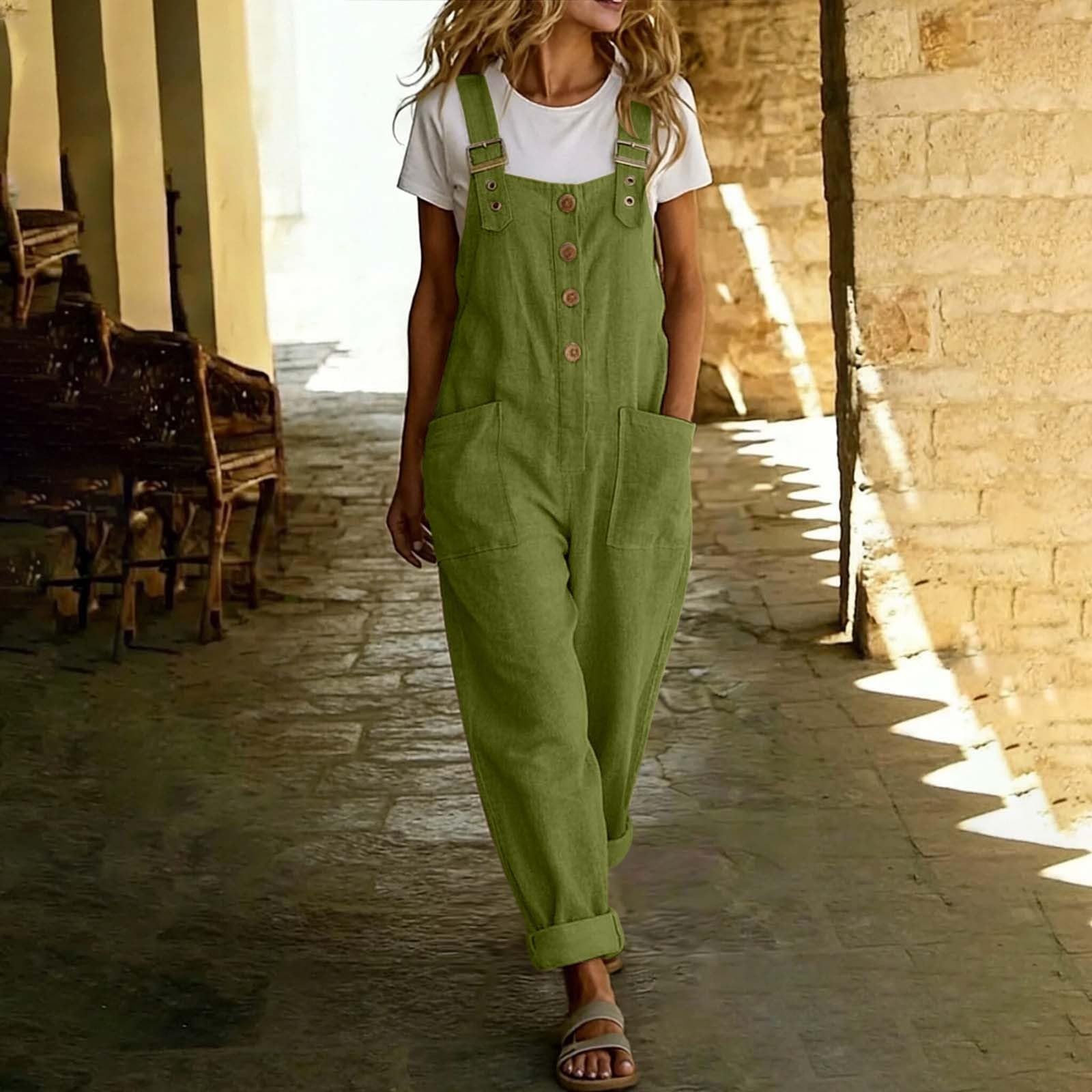 Salopette Donna Tuta Estiva in Puro Tessuto Misto, Gamba Larga, con Tasche, vestibilità Casual e Ampia, Senza Spalline. Jeans Estivi Leggeri
