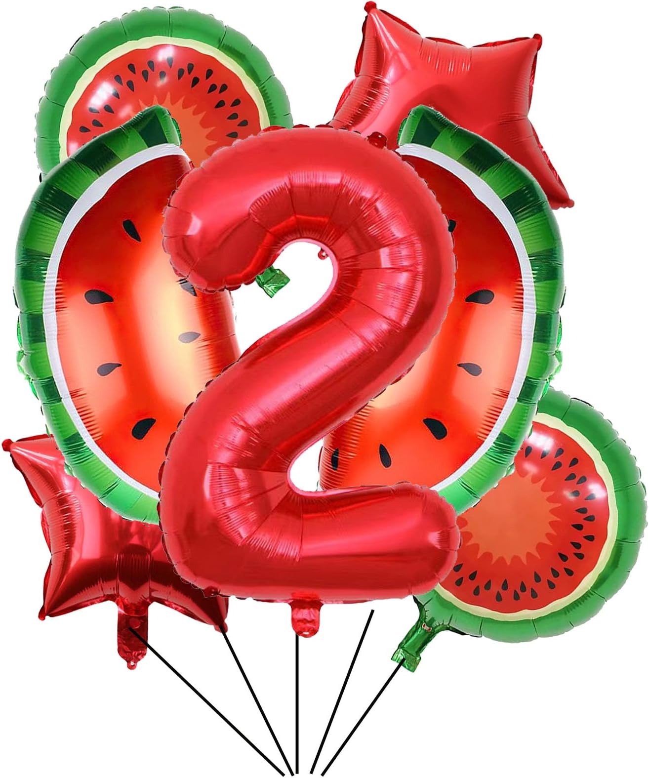 7pcs Watermelon Foil Balloons - Watermelon Birthday Number 2 Mylar Foil Balloon Fruit for 2nd Birthday Decorations