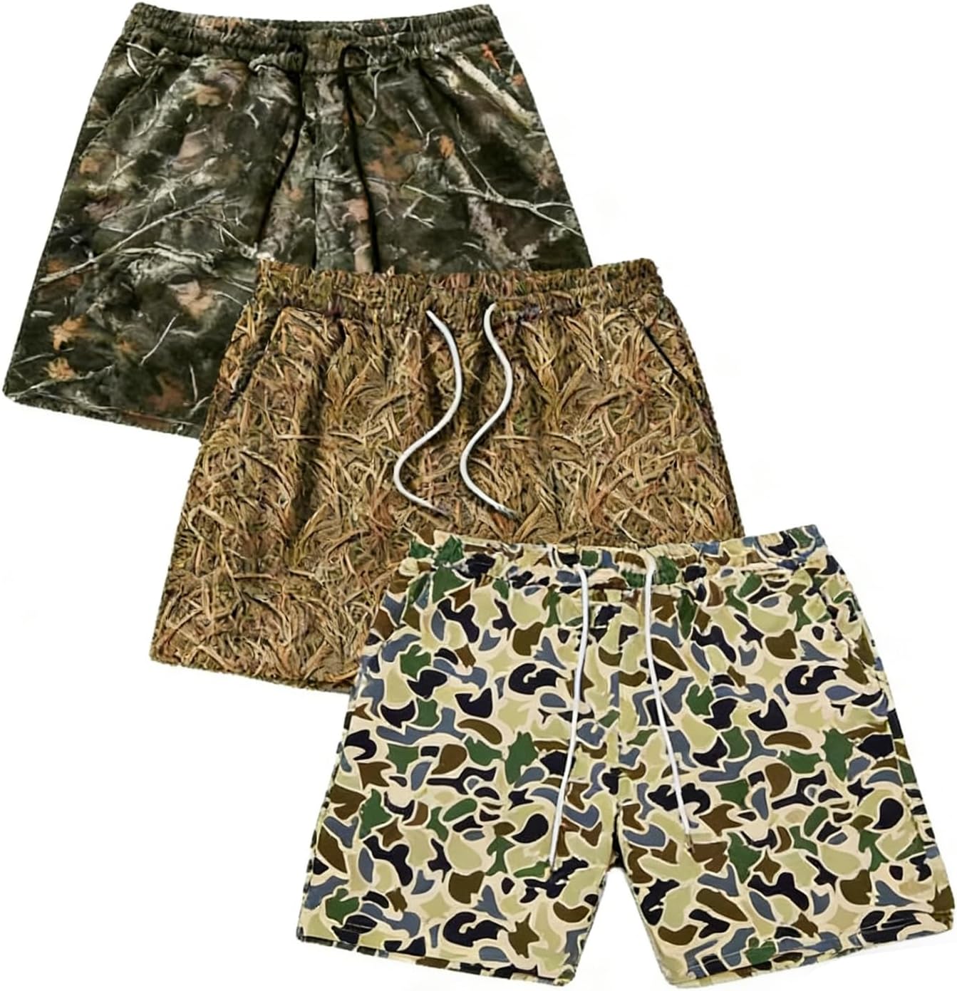 Pack 3 Duck Hunting Camo Shorts - 7 Inch Inseam Camo Mesh Design, Men's Graphic Athletic Shorts, Lightweight Quick-Dry