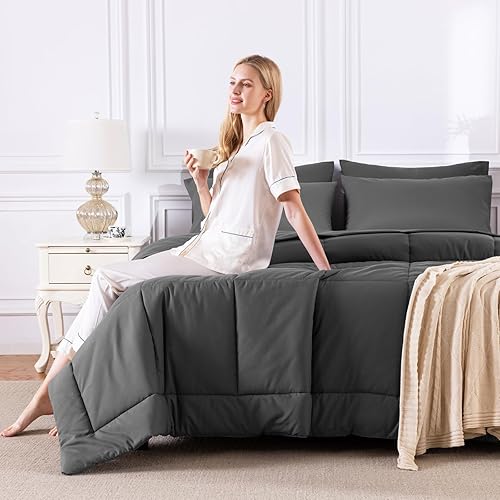 Miniatura 7 de CozyLux Juego de edredón de tamaño matrimonial color gris oscuro, 7 piezas de cama en una bolsa, edredón gris oscuro tamaño matrimonial, juegos de