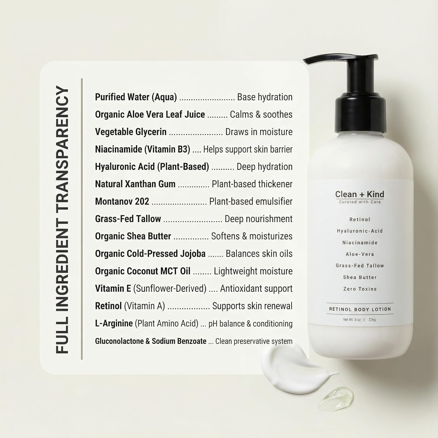 Clean + Kind Firming Retinol Body Lotion for Wrinkles & Crepey Skin – Anti-Aging Moisturizer with Hyaluronic Acid, Niacinamide, Aloe Vera, Shea Butter & Grass-Fed Tallow Skincare - Image 7