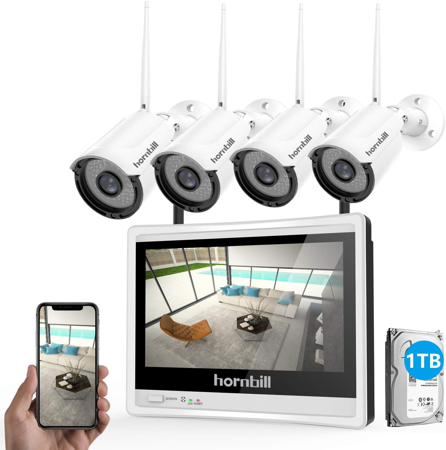 Wireless Security Camera System with Monitor,Hornbill 1080P 8 Channel Video Security System with 12 Inch Monitor,1TB Hard Drive,4PCS 1.3MP Indoor Outdoor IP Security Camera with Night Vision Free APP
