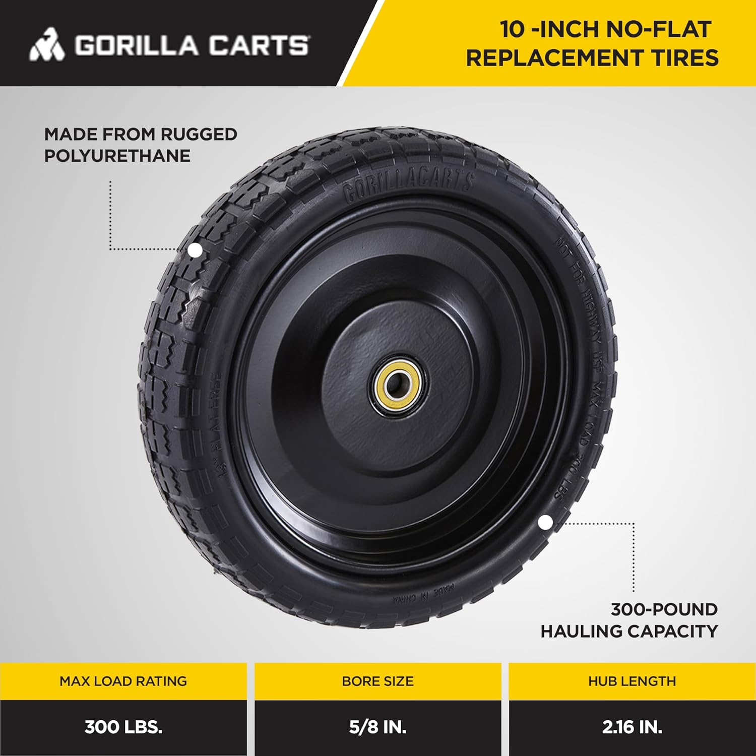 Gorilla Carts 4-Pack 10 Inch No-Flat Replacement Tires, 300 lb Capacity Each – Solid Polyurethane, 2.16” Hub, 5/8” Bore – Fits Lawn & Garden Utility Wagon, Hand Truck, Air Compressor, Pressure Washer