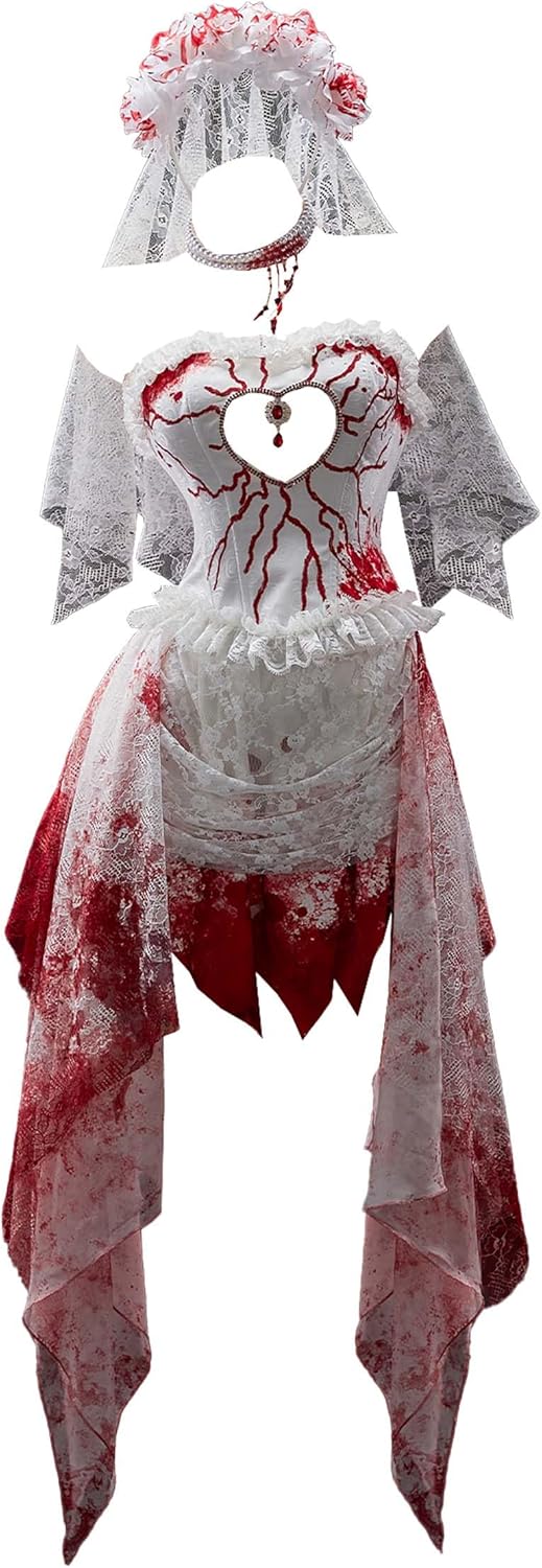 MEOWCOS Women's Gothic Dress Halloween Red White Bloody Bride Set Goth Tube Top Skirt with Headband Gloves