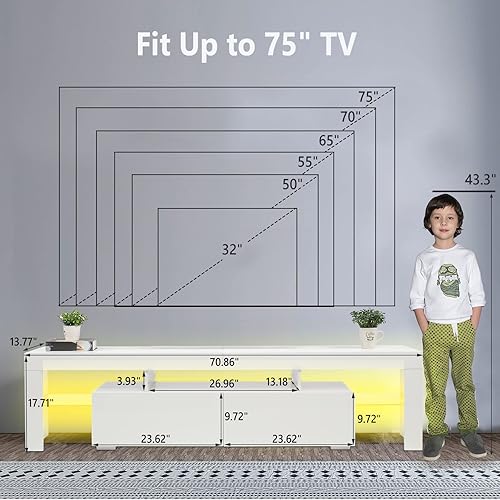 Miniatura 5 de VINGLI Soporte de TV para TV de 75 pulgadas con almacenamiento, moderno soporte de TV LED blanco de alto brillo, 2 cajones para sala de estar,