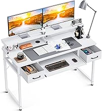 ODK Computer Desk with Keyboard Slider, 120 cm Width, Gaming Desk, PC Desk, 2 Drawers, Monitor Stand, Stylish, Space-Saving, For Single Living, Work from Home, White