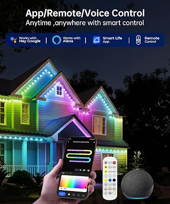 Smart Permanent Outdoor Lights, 150ft with 108 LED RGB String Lights, IP67 Waterproof Eaves Light with 44 Scene Modes for Halloween Christmas Birthday Holiday Party, APP/Voice/Remote Control