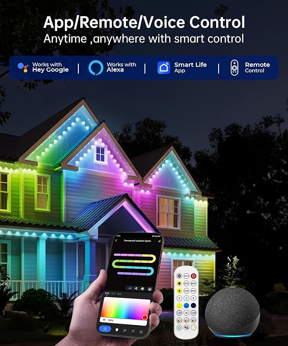 Smart Permanent Outdoor Lights, 150ft with 108 LED RGB String Lights, IP67 Waterproof Eaves Light with 44 Scene Modes for Halloween Christmas Birthday Holiday Party, APP/Voice/Remote Control