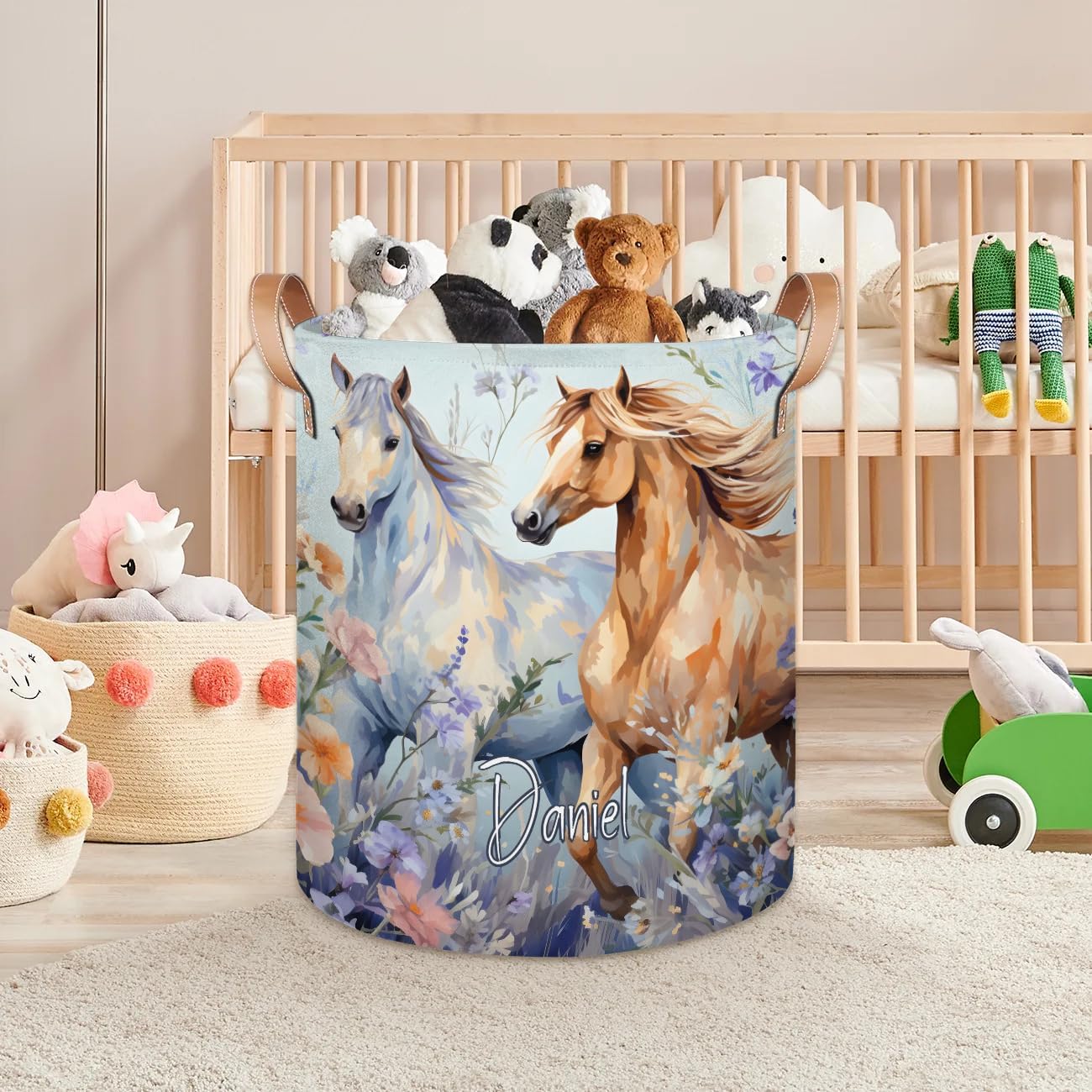Custom Laundry Hamper Toy Organization Basket with Name Foldable Clothes Storage Basket for Boys and Girls Horse Blue Flower