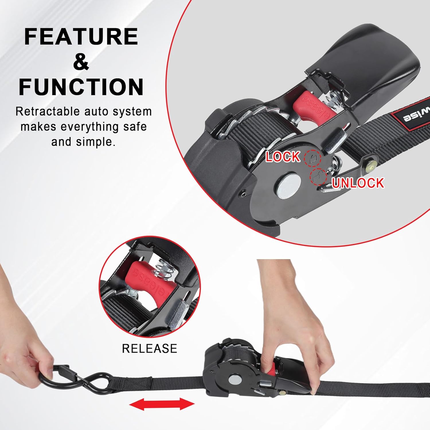 12FT Retractable Ratchet Straps, Motorcycle Tie Down Straps with S Hooks, Self Heavy Duty Ratchet Straps Include Loops for Trucks, Cargo, Motorcycles, Moving and Storage, 2 PCS - Image 7