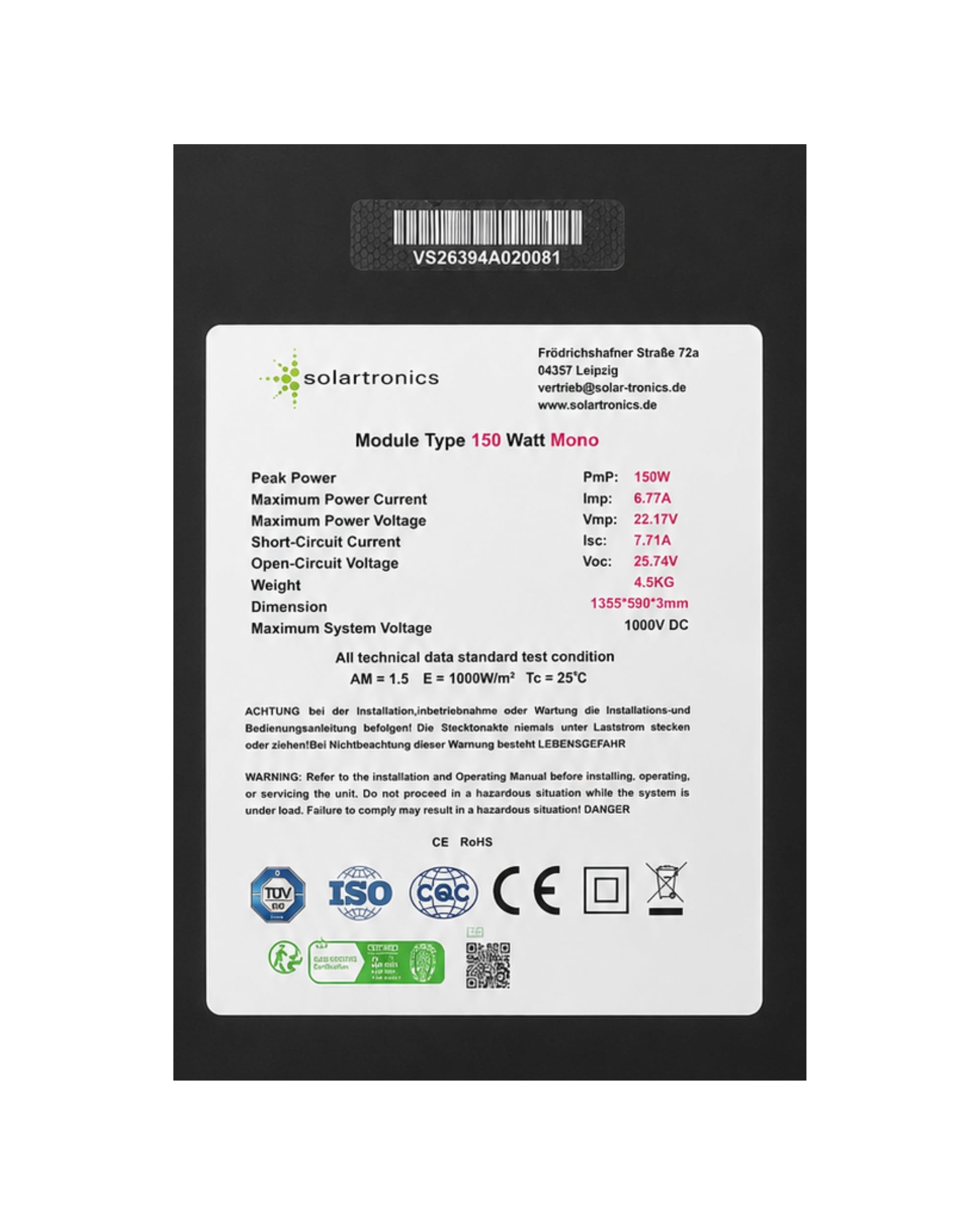 SOLARTRONICS Pannello solare monocristallino flessibile, 150 W, completamente nero, 1355 × 590 × 3 mm, 4,5 kg, 7,71 A
