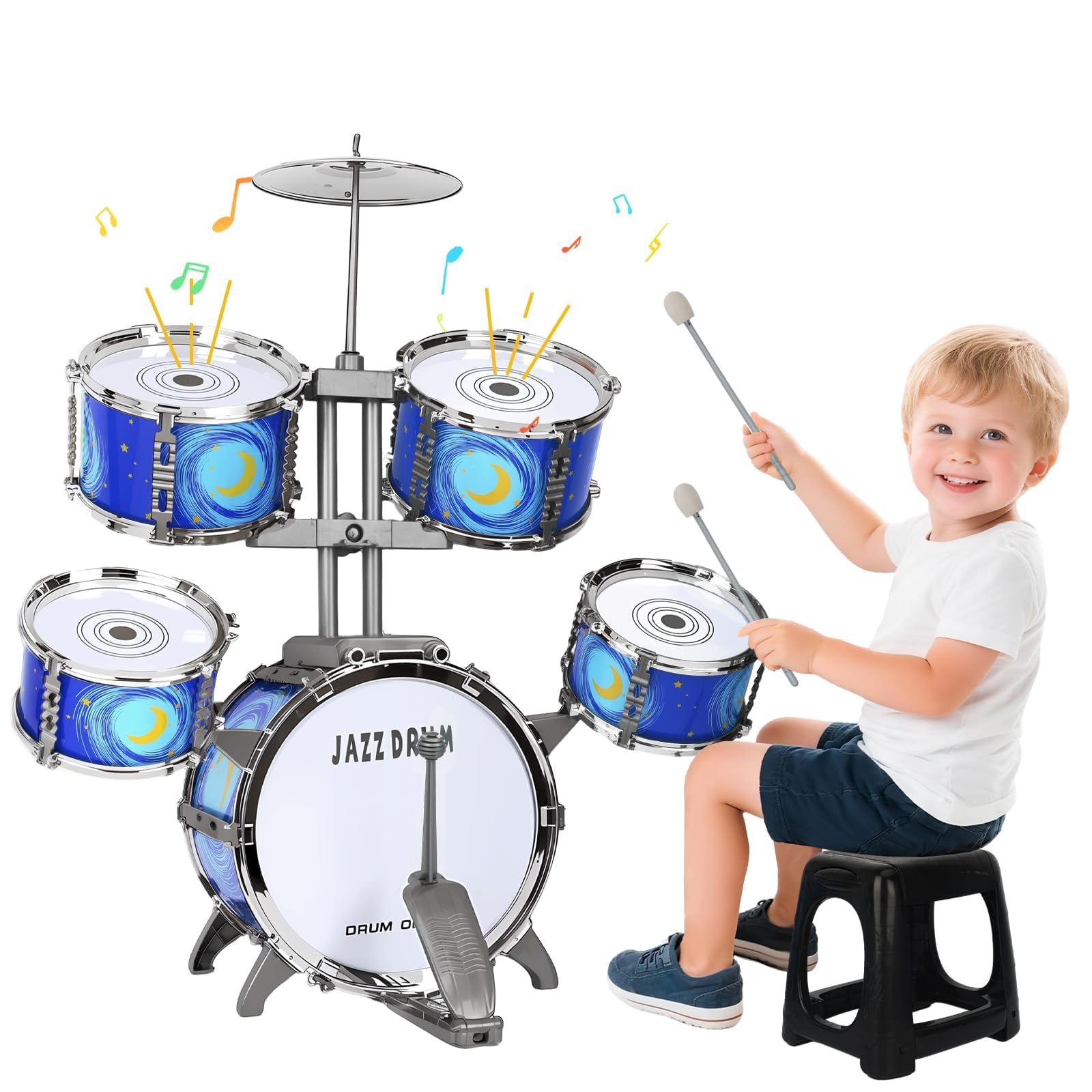 Kinder Schlagzeug Spielzeug von 3-7 Jahre - Kinderspielzeug Schlagwerk Drumset mit Hocker Musikspielzeug Weihnachten Geburtstag Geschenk für Kleinkinder Jungen Mädchen, Blau | Pädagogisches Musikinstrument für Anfänger, Geschenk für Kinder Mädchen Geburts