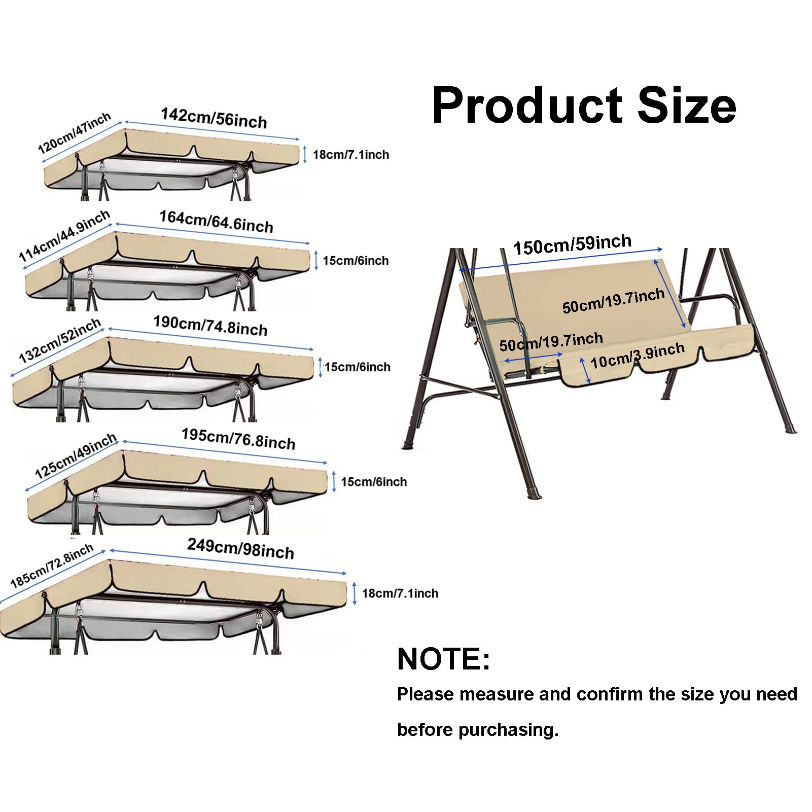 Housse de rechange imperméable pour balancelle d'extérieur et coussins pour hamac 2/3 places en tissu Oxford 210D