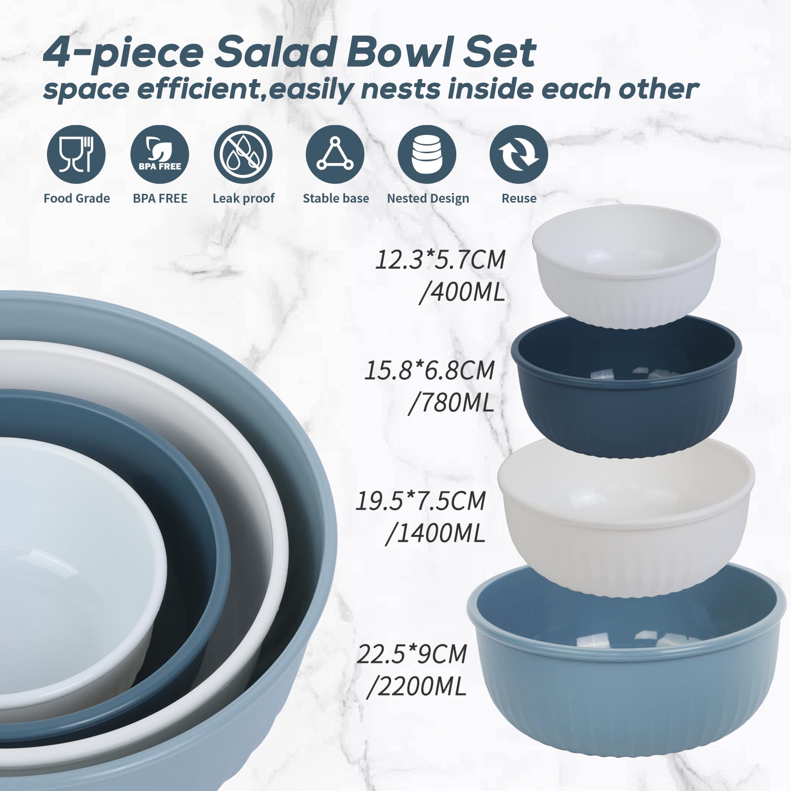 Cozary 4 pezzi Insalatiera con Coperchio, Ciotole Plastica (400ML, 780ML,1400ML, 2200ML), Impilabili, Insalatiera per Ciotole da Dessert per Campeggio, Senza BPA, Adatto a Microonde e Lavastoviglie