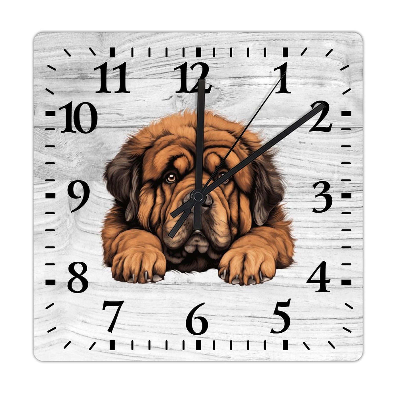 Horloge murale mastiff tibétain artisanale en bois 38cm style rustique