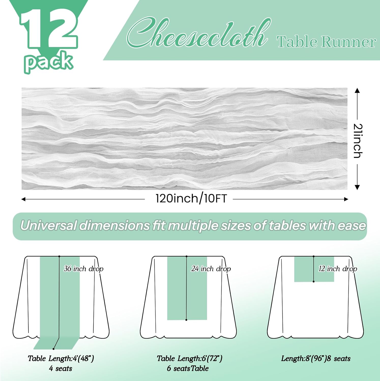 12 Pack White Cheesecloth Table Runner 21x120 Inches, Boho Gauze Rustic Semi Sheer Cheese Cloth Table Runners for Easter Spring Wedding Bridal Baby Shower, Birthday Party, Long Farmhouse Table Decor