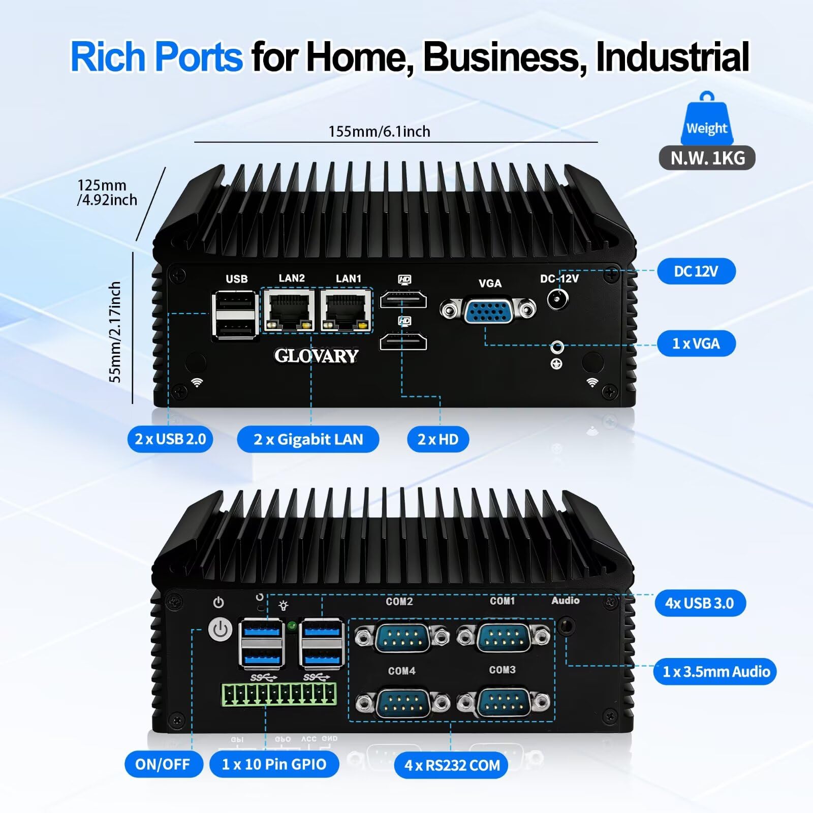 Mini PC Lüfterlos N150 (N100 Upgrade), DDR4 8GB RAM 128GB NVMe SSD, 2 Gigabit LAN Lüfterlos Industrie PC, Linux Fanless Desktop Computer, 4 x RS232 COM, 4USB3.0, 2USB2.0, Auto Power On