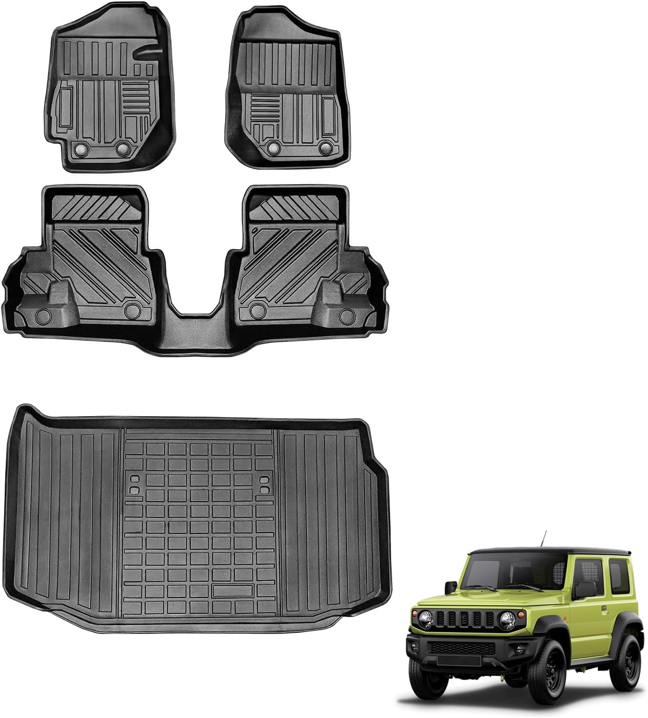 TPE Floor Mats Liners Compatible with Suzuki Jimny 3 Door 2018-2023 JB64/JB74 MT, 4 Pcs Black Front and Rear Cargo Mats Liners (2018-2023 Jimny Manual)