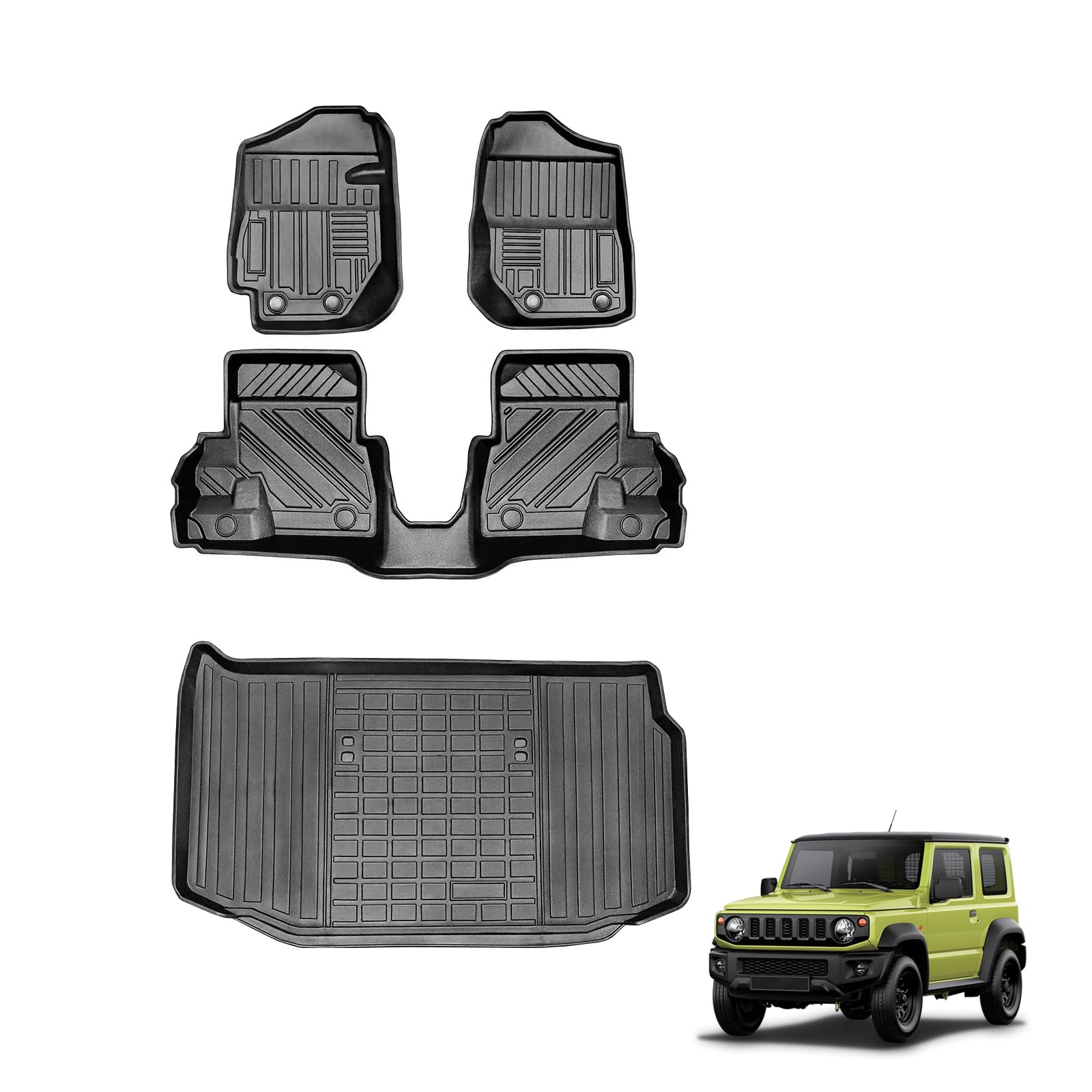 TPE Floor Mats Liners Compatible with Suzuki Jimny 3 Door 2018-2023 JB64/JB74 MT, 4 Pcs Black Front and Rear Cargo Mats Liners (2018-2023 Jimny Manual)
