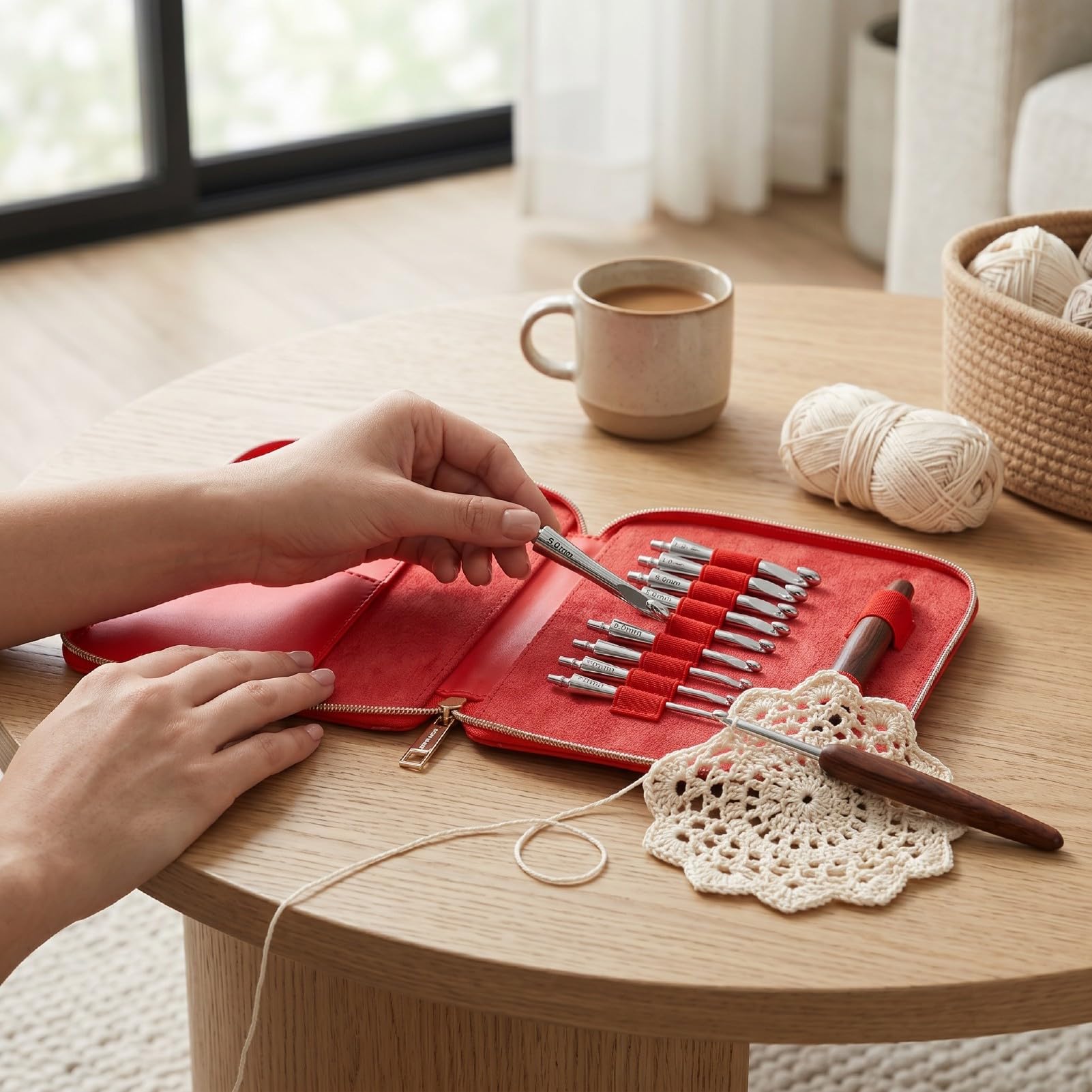 Luqeeg Kit de Herramientas para Tejer con Mango de Madera Ergonómico, Agujas de Ganchillo de Acero Inoxidable Intercambiables