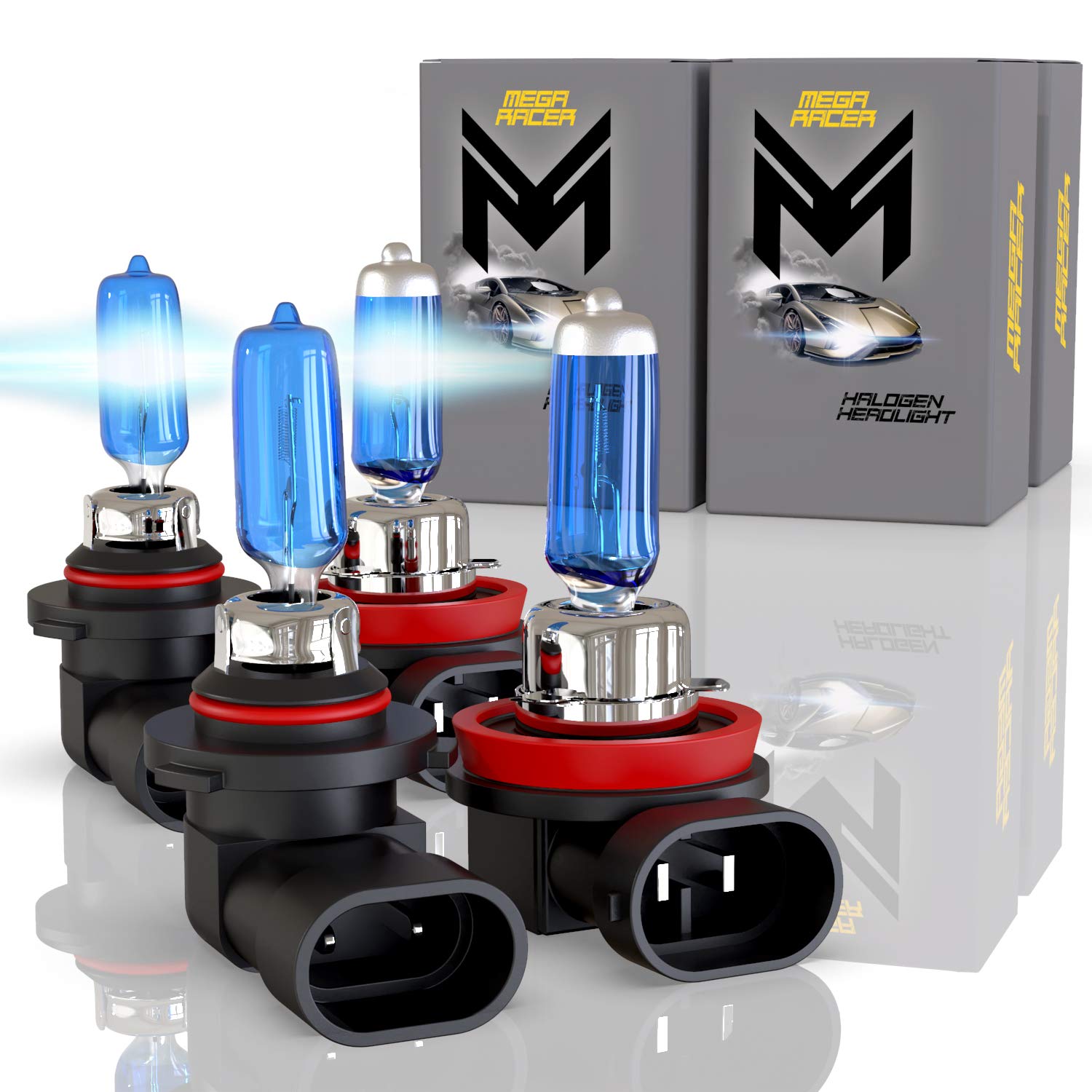 Mega RacerH11 9005 Halogen Headlight Bulbs Combo - Super White 5000K 12V 100W, Hi Lo High and Low Beam, Automotive Headlight Bulbs Replacement Upgrade, Xenon, 4 Pack