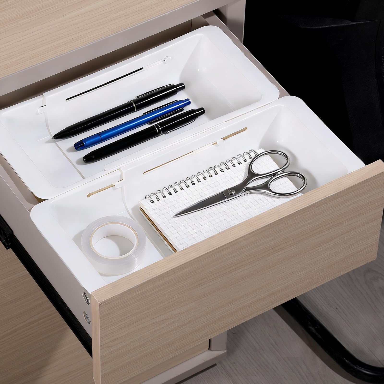 Photo 1 of Hlimior 2 PCS Deep Drawer Organizer Bin Adjustable and Expandable Sliding Storage Trays Sliding Drawer Organizers Trays for Kitchen Utensils Office Supplies Makeup and Tools, White