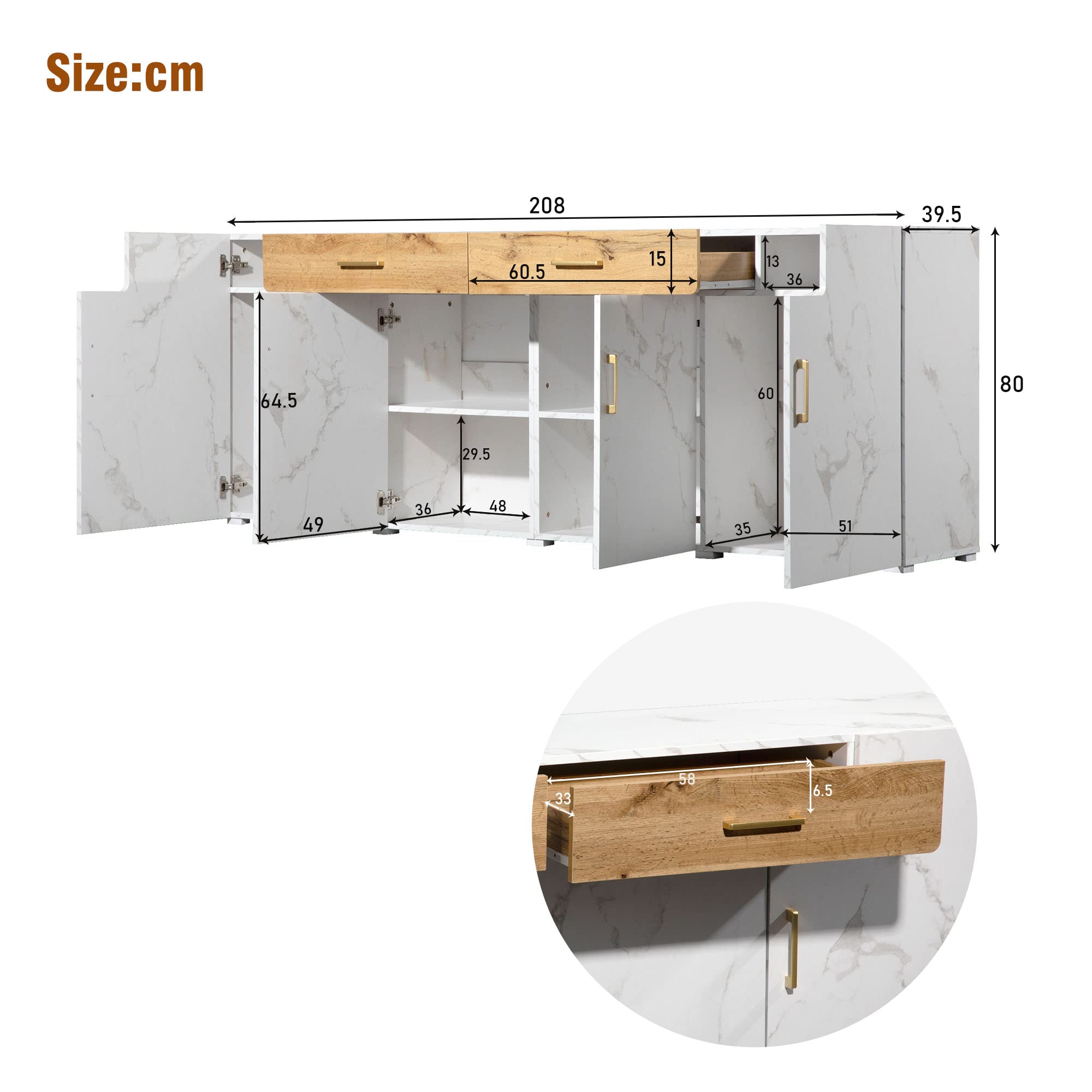 Aparador para Salon, Aparador Cocina Ancho, Buffet Comedor con Puertas con Diseño de Mármol y Cajones, Mueble Armario Cocina de Entrada, Vitrina para Dormitorio y Salón, 208×39,5×80cm (Blanco)
