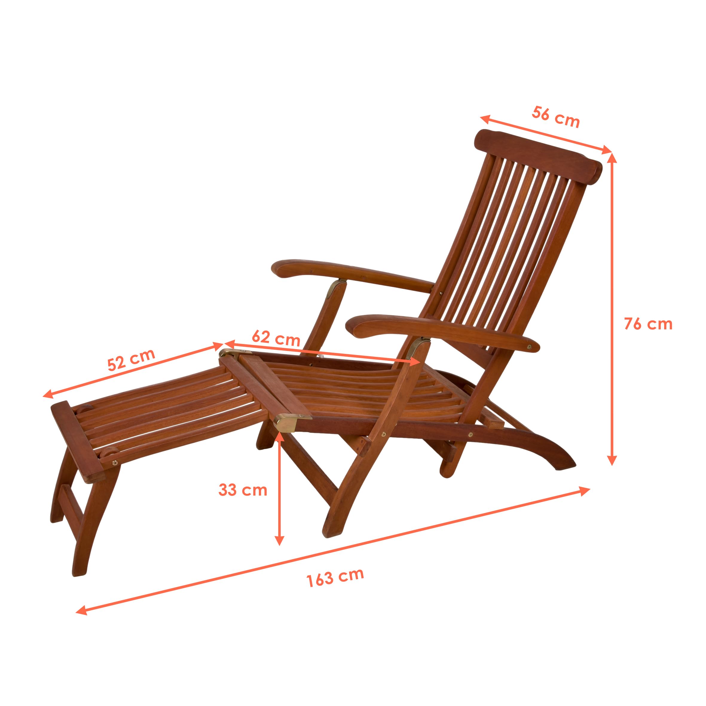 Spetebo Eukaliptusowy leżak wielostopniowo regulowany – 163 x 56 cm – drewniany leżak ogrodowy z podnóżkiem składany – relaksacyjny leżak do opalania z drewna FSC z podnóżkiem olejowany