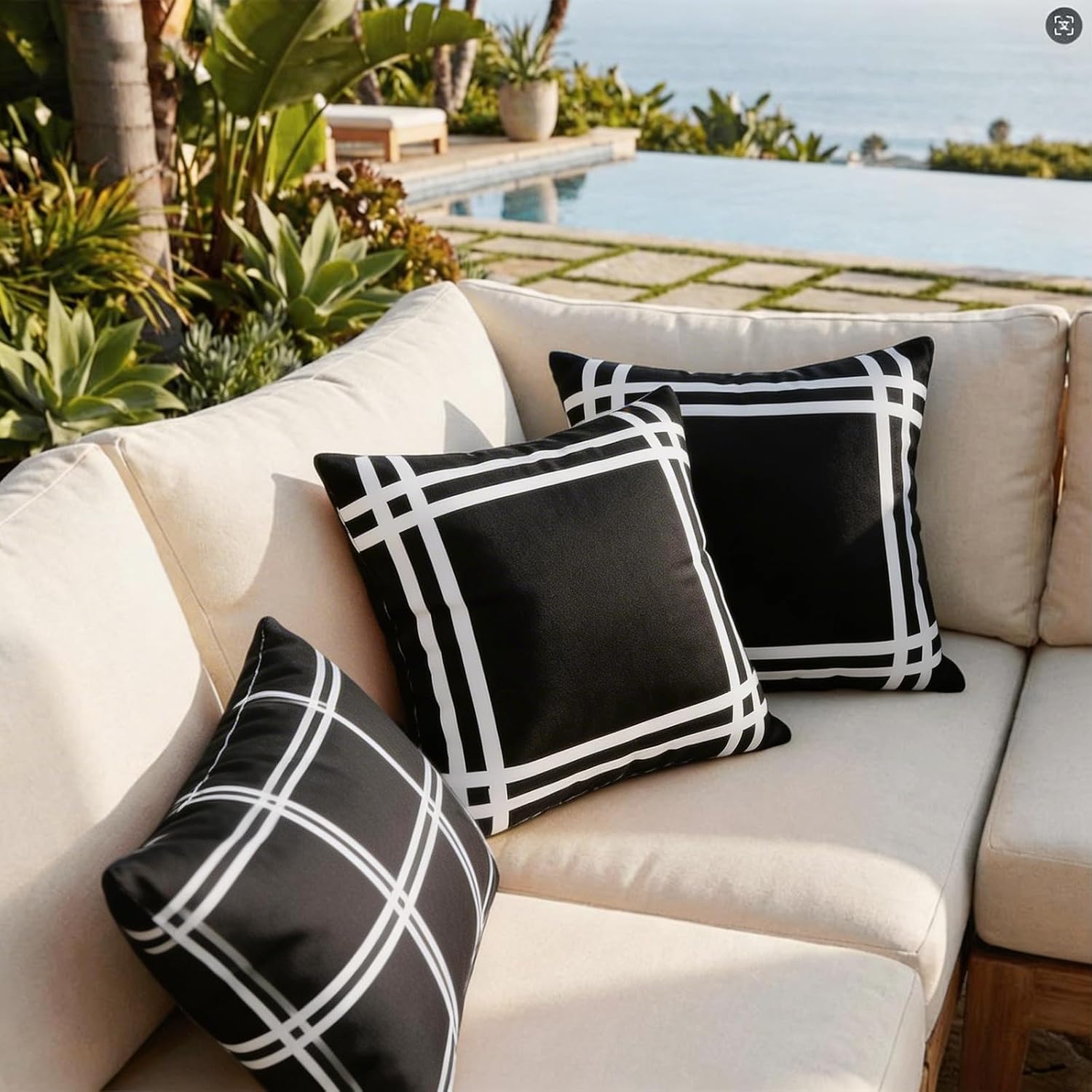 Set of 2 Outdoor Waterproof Pillow Covers 18x18 Black Plaid | Classic Black and White Plaid Pattern Brings Farmhouse Charm to Indoor and Outdoor Decor