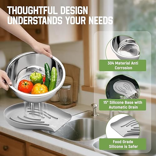 Miniatura 7 de Goldusk - Colador de acero inoxidable 304 con base autodrenante, base de silicona de grado alimenticio, colador grande para cocina, colador de