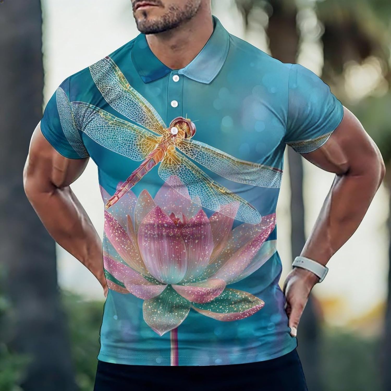 Dragonfly Perched on Lotus1 Golf Polo Shirts for Men Casual T Shirts 5X-Large