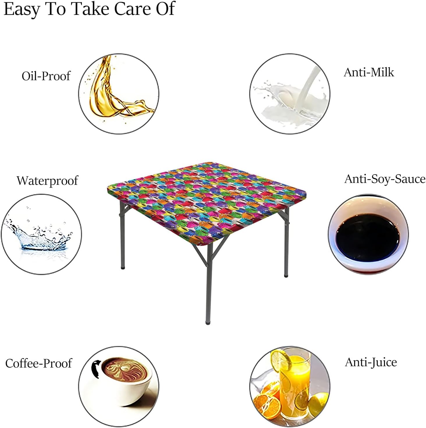 Cartoon Elastic Edged Tablecloth, Colorful Coffee House Modern Vintage Retro Home Decorative Tablecloths, Fits 44x44 inch Table, Great for Home Kitchen/Parties/Holiday Dinner, Multicolor
