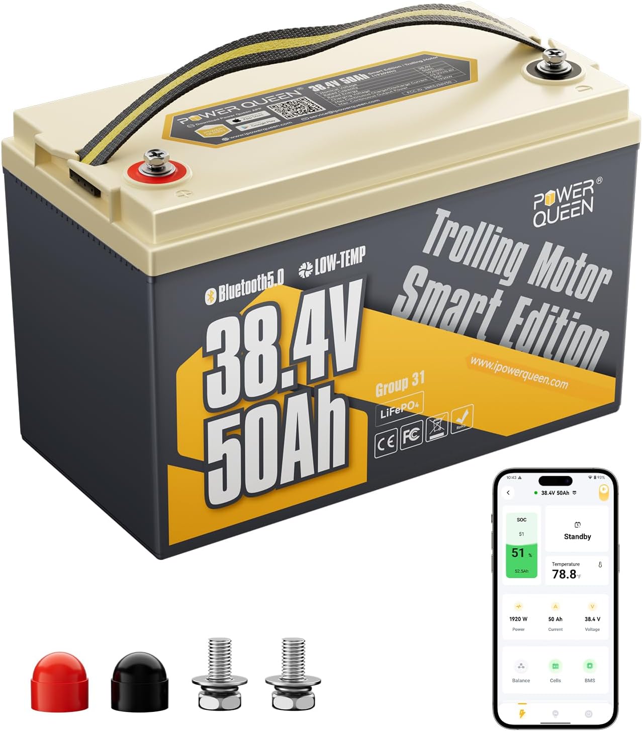 Power Queen 36V50Ah LiFePO4 Battery with Bluetooth 5.0 Remote Control, Low-temperature Protection, 1920Wh Energy, Deep Cycle Lithiumn Battery for 36V Trolling Motor Up To 120 lb