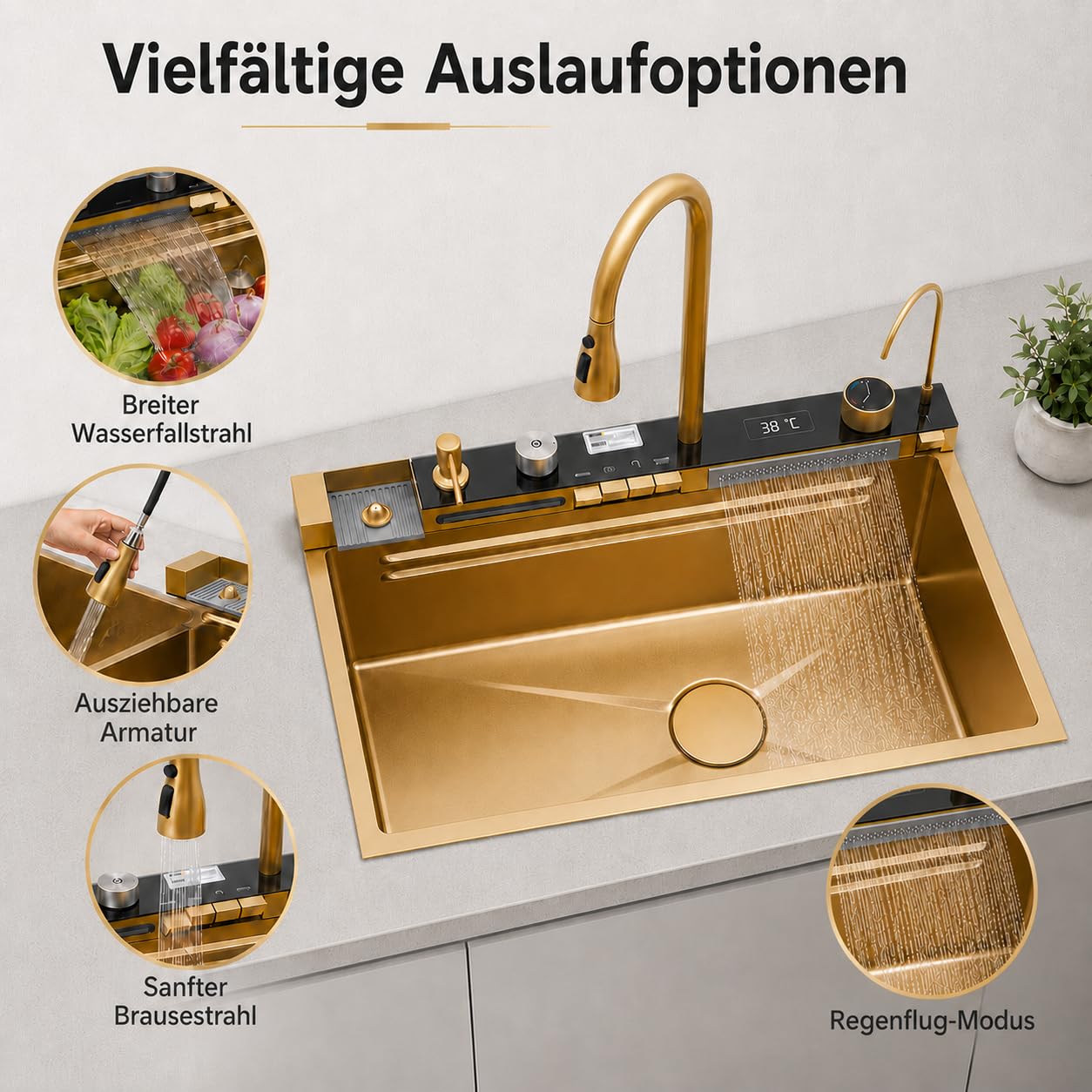 Évier de cuisine multifonction cascade robinet amovible plusieurs variantes de bec avec nettoyant pour tasses et distributeur de détergent 75 x 46 x 22 cm Doré