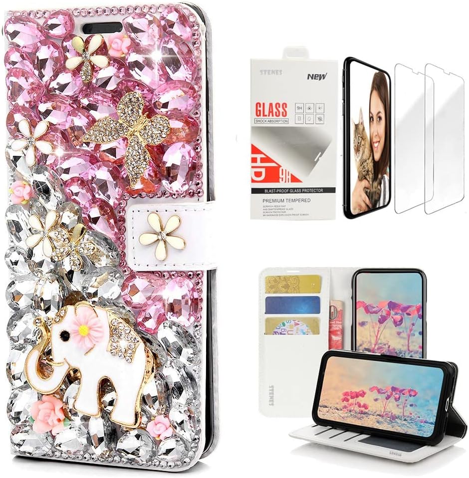 STENES Bling Wallet Phone Case Compatible with Samsung Galaxy S21 Ultra - Stylish - 3D Handmade Crystal Heart Magnetic Wallet Leather Cover with Screen Protector [2 Pack] - Pink
