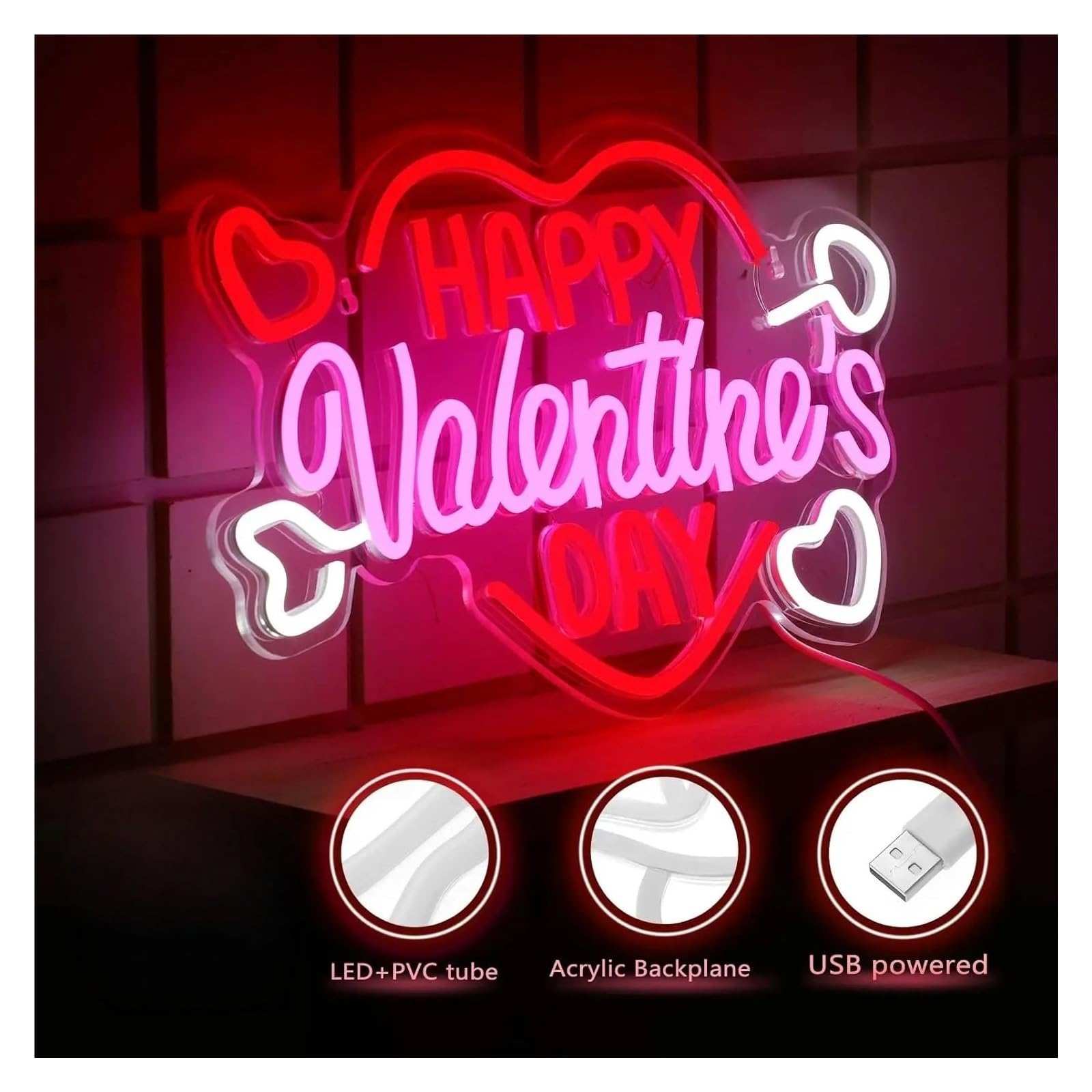 Wiszące neony artystyczne Happy Valentine's Day Neon LED Light Możliwość Przyciemniania Zasilany Przez USB Do Sypialni Salon Festiwal Party Bar Dekoracje Ścienne 16.54inx9.45in