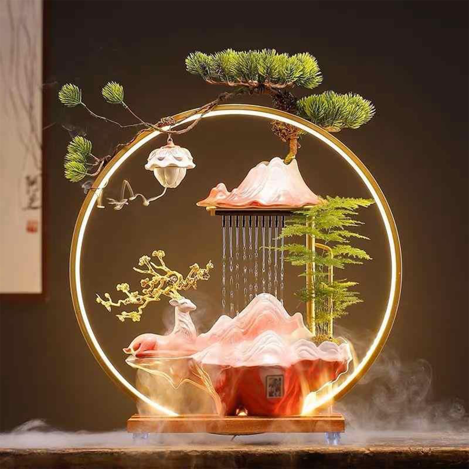 Adorno de fuente con ciervo y anillo de luz LED elegante