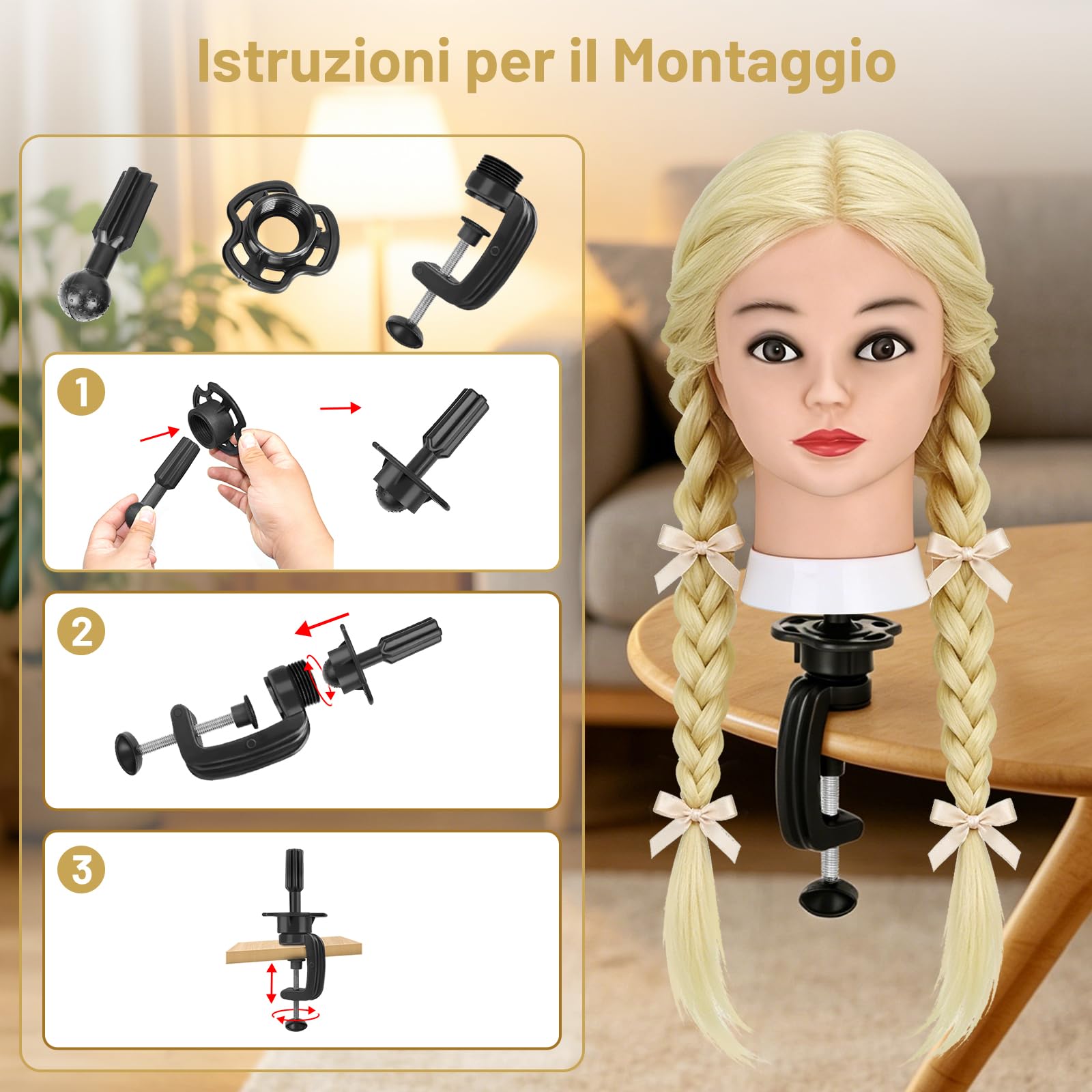 TwoWin Manichino Testina Parrucchiere 26 Pollici 66 cm Capelli 80% Naturali per Formazione Acconciature con Morsetto