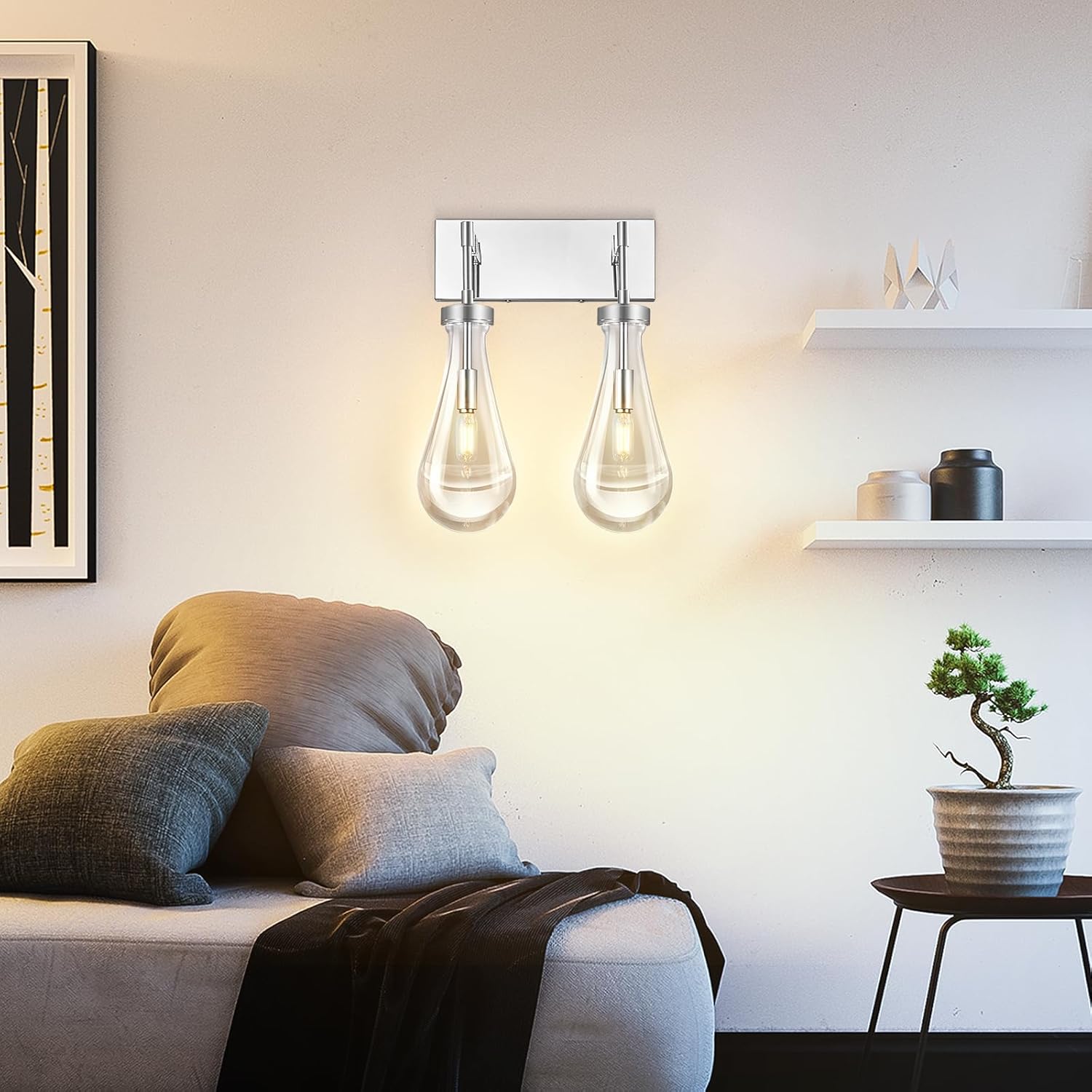 Raindrop Wall Sconces Chrome Crystal Sconces Wall Decor Modern Lighting Glass Bathroom Sconces Indoor Vanity Light Wall Lamp for Bedroom Living Room Stair(2-Light)