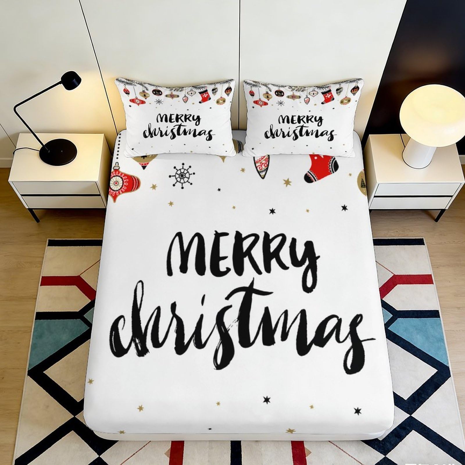3D Printed Merry Christmas Fitted Sheet Microfiber Soft Bed Cover Holiday Decor for Bedroom Guest Room Mattress Protection 90x200x25cm
