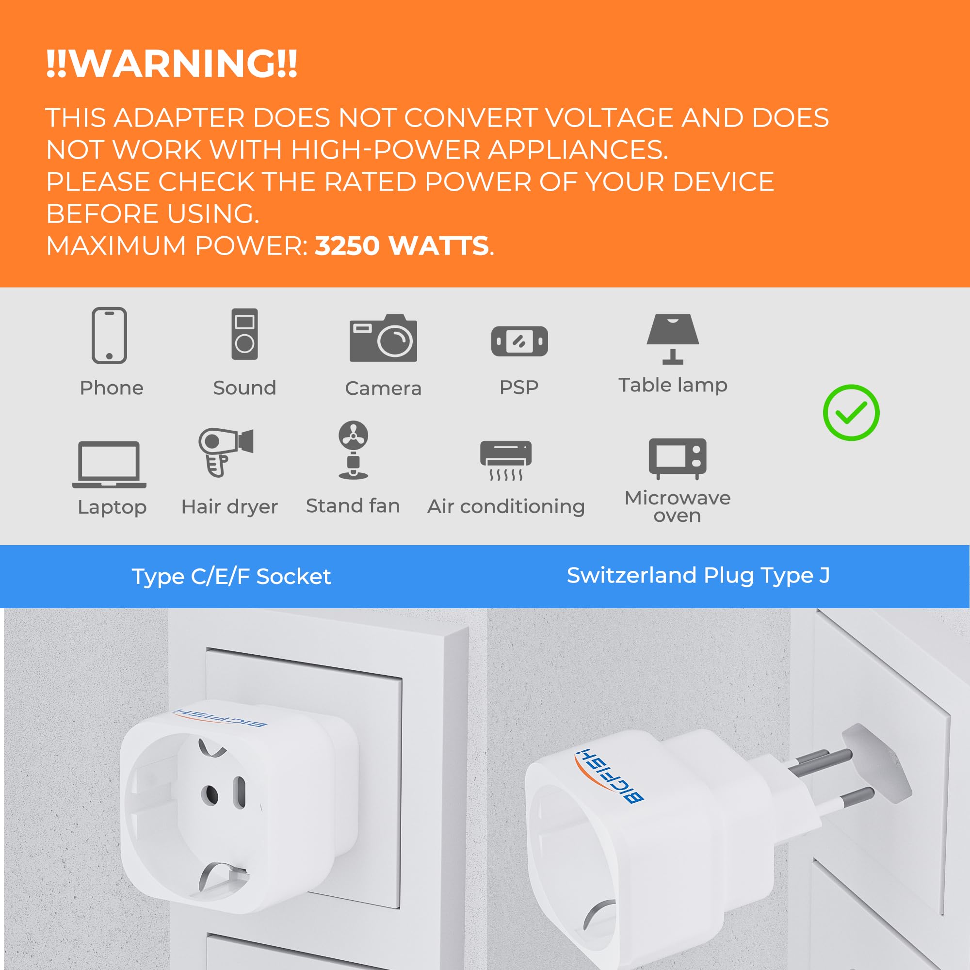 Bigfish Adapter Szwajcaria Niemcy, 2 sztuki, adapter do gniazdka w Szwajcarii Niemcy, adapter Niemcy, Szwajcaria, typ J, szwajcarska wtyczka podróżna do Malediwów, Rwandy, Liechtensteinu, biały