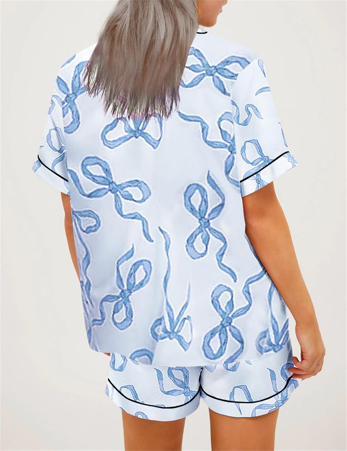 Tenopuli Women Silk Satin Pajama Set Cute Bow Print Button Down Top and Shorts Sleepwear Valentine 2 Piece Lounge Set - Image 3