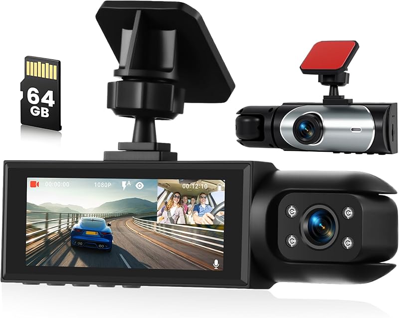 Dashcam Voiture Avant Intérieur avec Carte SD 64G, 2 Canaux Dash Cam avec 1080P 3.16" Écran, Camera Voiture Vision Nocturne,Enregistrement en Boucle, Détection de Mouvement